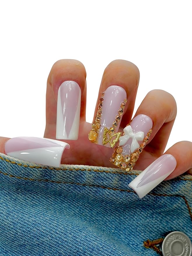 Euphrosyne Ombre Press On Nails – 10pcs Long Coffin Fake Nails in Pink and White with 3D Bow, Butterfly Charms & Rhinestones | Elegant Stick-On Nails for Wedding, Party or Daily Glam Look