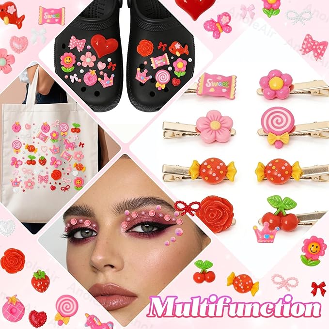 Junk Case Charms Kit, Pink Red Pearls Resin Rhinestones Bedazzling Kit, Cute Candy Bear Cartoon Phone Cases Charms, Junk Case with Big Charm for Crafts Nail Art DIY Accessories