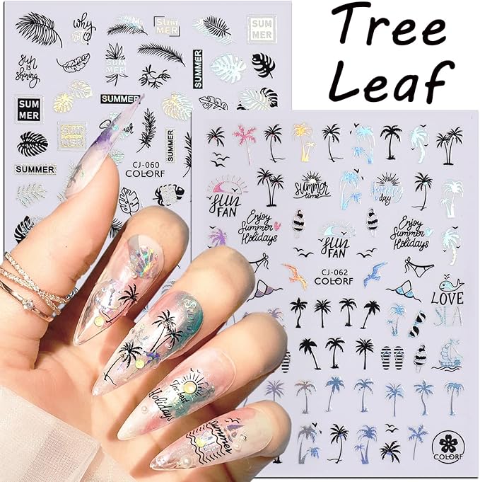 Silver Summer Nail Art Adhesive Sticker, Holographic Seaside Beach Nail Stickers Design, Mermaid Coconut Tree Flowers Leaf Animal Nail Art Decals for Women Manicure Charms Decor, Summer Transfer Decal
