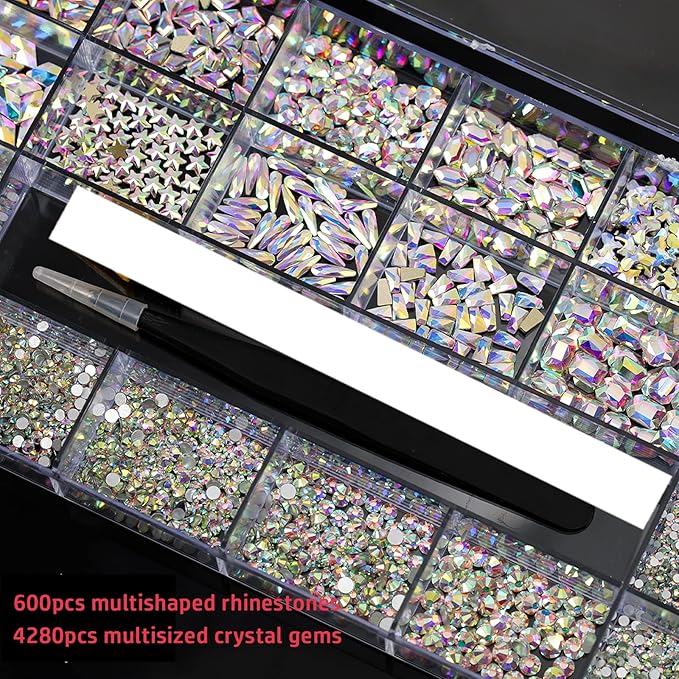 4880 Pcs Color Crystal Nail Rhinestone Set, Nails Art Rhinestones Round Beads Flatback Glass Gems Stones, Multi Shapes Rhinestones Nail Art 3D Crystals for Nail DIY Crafts Clothes Shoes Jewelry