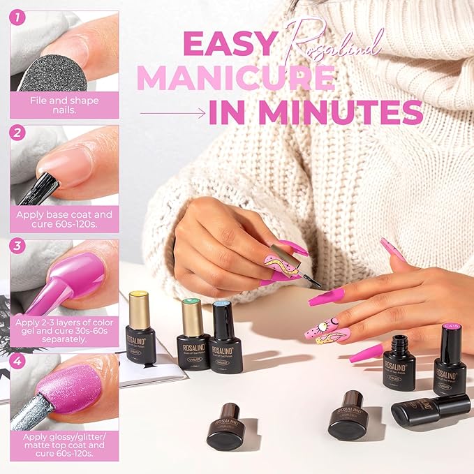 ROSALIND 30pcs Gel Nail Polish Set with Base and Glossy & Matte & Glitter Top Coat, 26 Colors Gel Polish Set Pink Nude Red Yellow Green Black White Nail Kit LED Needed Salon DIY Home Gift for Women