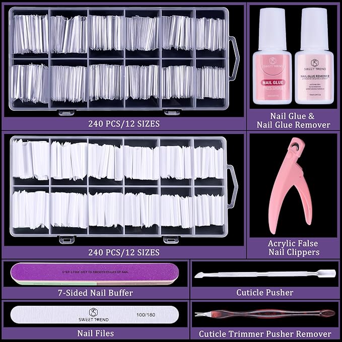 Fake Nail Tips White Clear: Sweet Trend No C Curve Tapered Square Nail Tips for Acrylic Nails - 480Pcs 12 Sizes Extra Long Straight Nail Extension Kit - with Glue Remover & Glue Acrylic Clippers Set