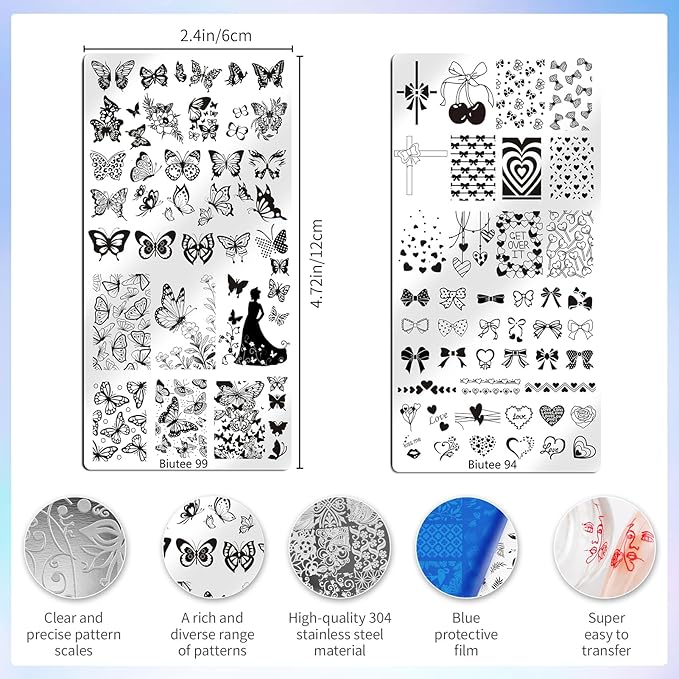 Biutee 10PCS Nail Art Stamping Plates Set Nail Stamper Kit with Nail Stamper Scraper and Storage Bag, Nail Stamp Plate Butterfly Starry Sky Flower Bowknot Design Nail Stamping Kit