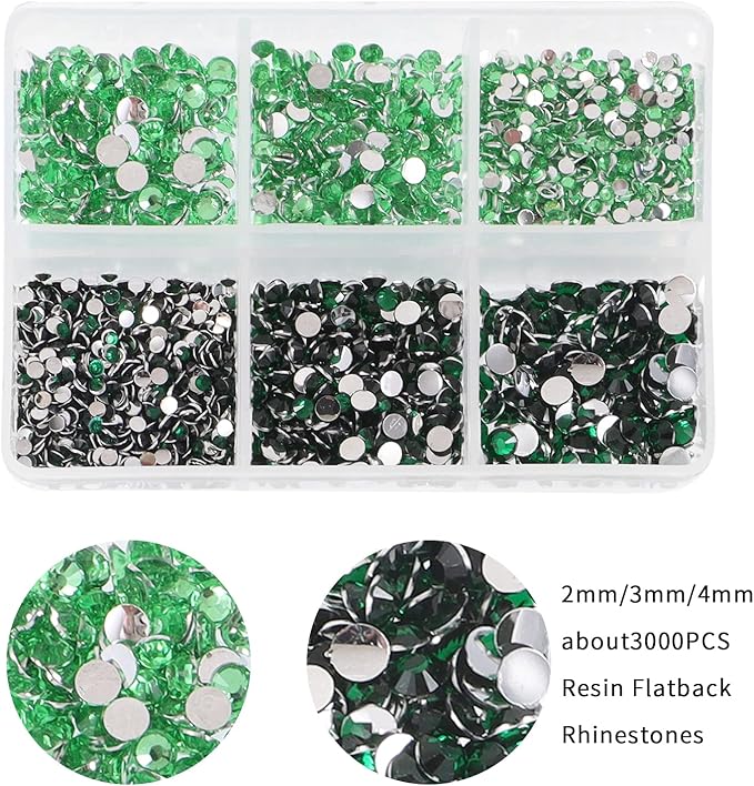 3000pcs Flatback Rhinestones for Crafts, Green Crystals Rhinestone, Resin Rhinestones Glitter Gems Nail Diamonds Rhinestones for Clothes Accessories DIY