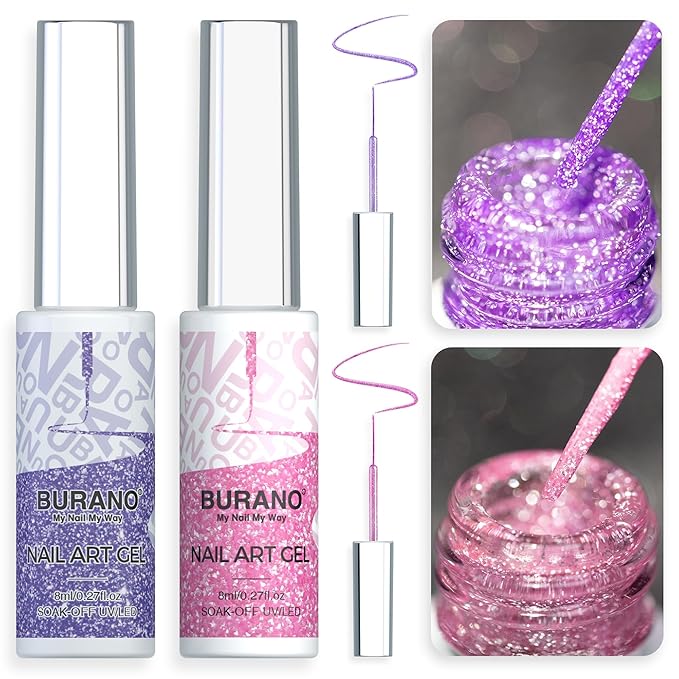 BURANO Gel Nail Polish Liner Nail Art Polish, Silver Gold Painted Gel Nail Design Polish 2 Bottle 8ml, Build in Thin Nail Brush Curing Required LX16 LX28