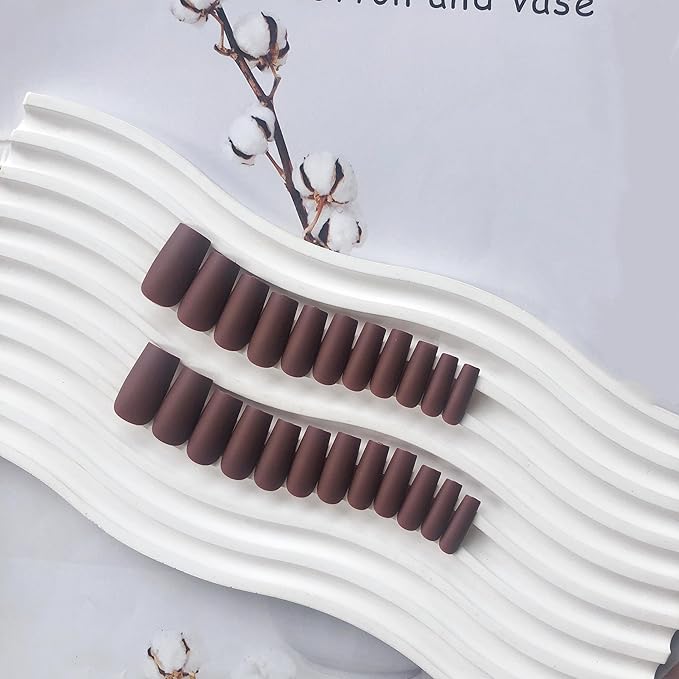 KQueenest Fall Press on Nails Long Medium Square, Matte Brown Fake Nails Medium Coffin, Opaque Sheer Color Acrylic Nails Press ons, Reusable Soft Gel Glue on Nails for Women DIY Manicure