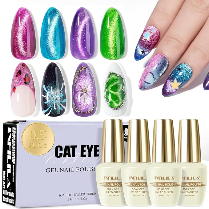 NXJ INFILILA Cat Eye Gel Nail Polish Set 4 Colors 15ML - Pink Purple Blue Green Magnetic Nail Polish, Sparkle Glitter Gel Polish Kit for LED/UV Lamp, Soak Off DIY Home Salon Manicure Gifts
