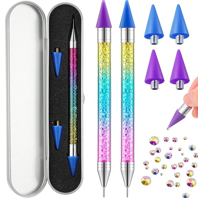 Tatuo 2 Pieces Rhinestone Picker Dotting Pen, Dual-ended Rhinestone Gems Crystals Studs Picker Wax Pencil Pen Crystal Beads Handle Manicure Nail Art DIY Decoration Tool (Colorful)