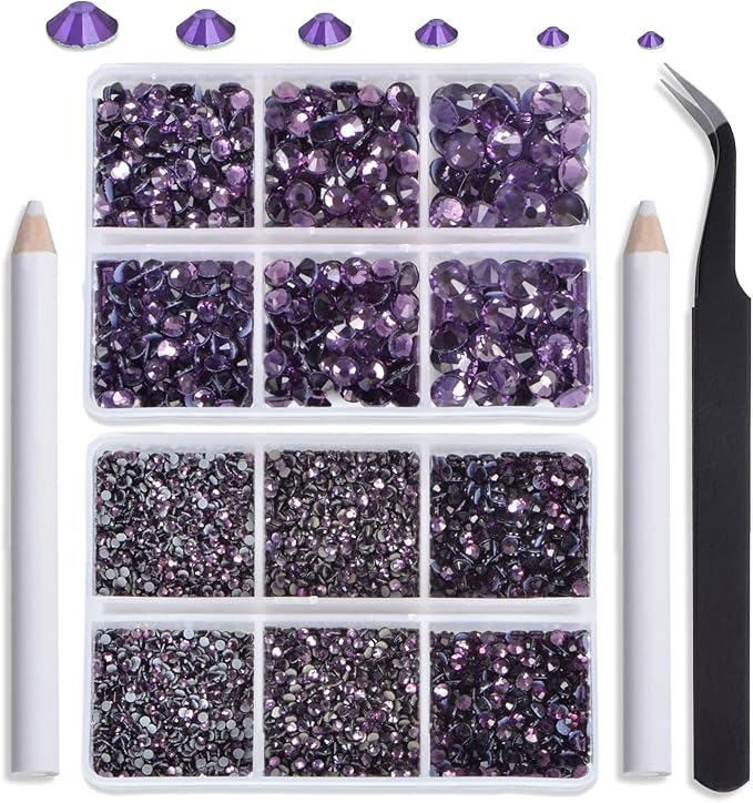 NCB Hotfix Iron on 8000pcs Crystal Rhinestones Round Gem for Crafts Decoration DIY Jewelry Making with a Tweezers and 2 Picking pens (Tanzanite, 6Sizes SS4-SS30)