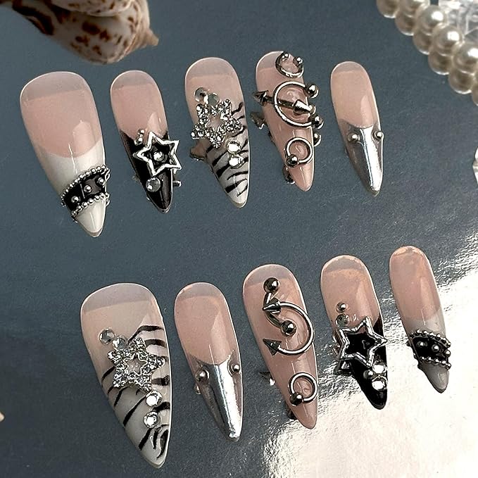 Long Press on Nails Almond Fake Nails Black Artificial Nail Silver Charm Rhinestones Stick on Nail for Women 24pcs