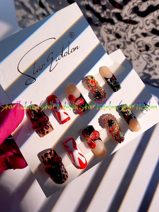 Handmade Acrylic Press on Nails Long Square Gel X Nails Fake Nails with Glue Nail Kits False Nails French Tip Nails Short Almond Nails Medium Length False Nails Coffin Artificial Nails (X-Small, J2)