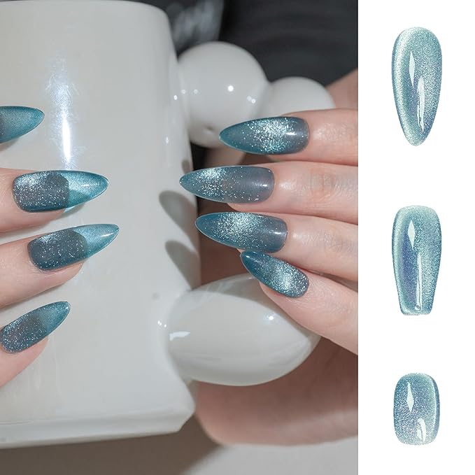 Sun&Beam Nails Handmade Press-on Medium Long Coffin Ballerina Blue Magnet Solid Color Minimalist Design Fashion False Nail Tips 10 Pcs Set (#250 XS)