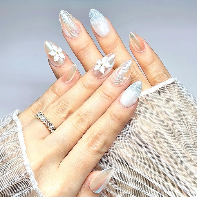 Handmade Press On Nails Short Almond Ivory Pearl Shimmer Nails with 3D White Flower. Natural Elegant Reusable Set (15 Sizes, 30 Nails + Glue) | Designed in L.A, Made in Vietnam| PEARL PROMISE