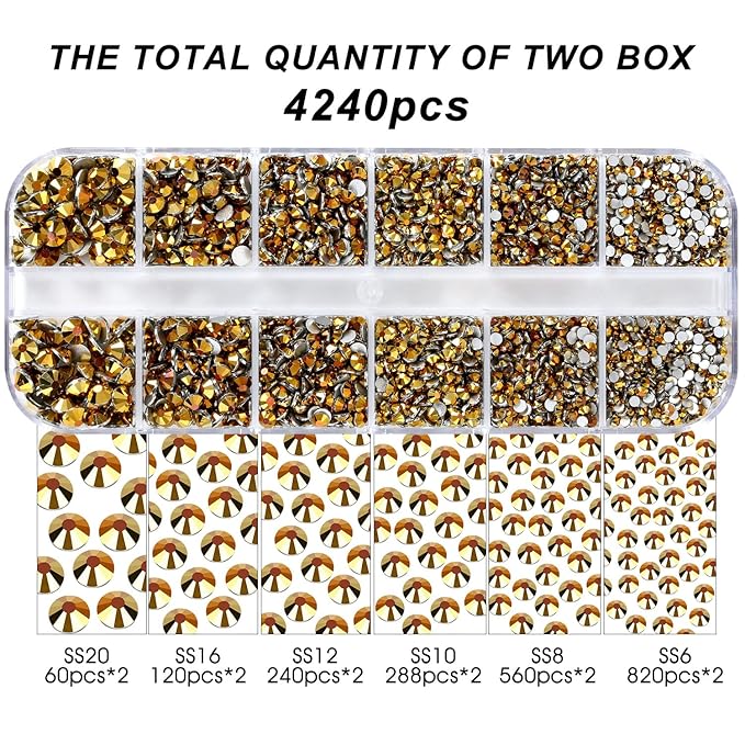 4240Pcs Gold Flatback Rhinestones 6 Sizes Crystal Diamonds for Nail Art Crafts Clothes Shoes with Tweezers and Picking Pen