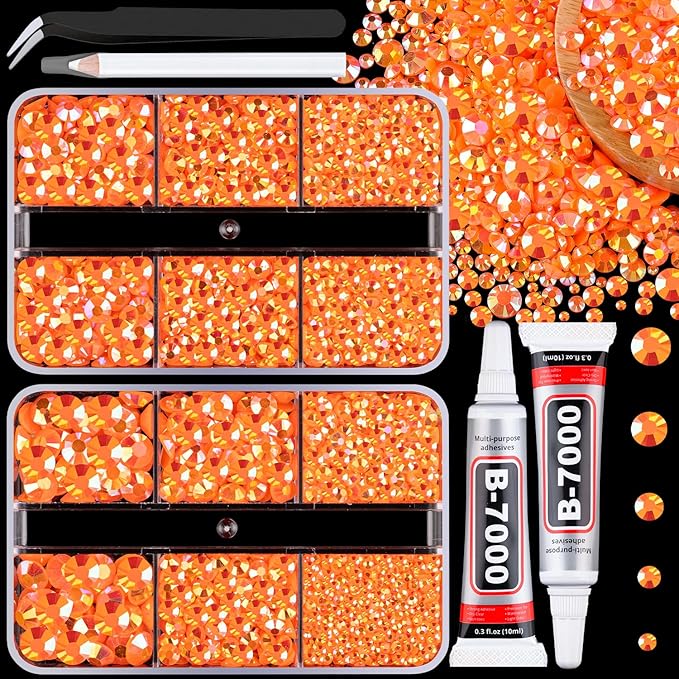 Resin Jelly Rhinestones for Crafting with B7000 Jewelry Glue, 2 Boxes Orange AB Flatback Crystals with 2Pcs 10ml Glue, Bedazzling Non Hotfix Gems for DIY Tumblers Clothing Shoes Manicure