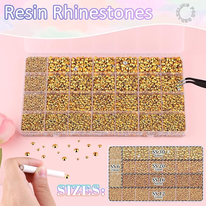 30000Pcs Resin Rhinestones for Bedazzling with B7000 Jewelry Glue, Mine Gold Flatback Gems Rhinestones for Crafting, Clothing Tumblers Mugs Shoes Fabric Decor Nail Art
