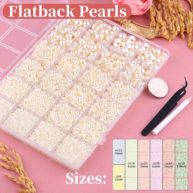 11000Pcs Flatback Pearls for Crafting (Ivory White/Beige), Assorted Size 2/3/4/5/6/8/10mm Half Pearl, Bedazzling Bead for DIY Crafts Clothing Tumblers Mugs Shoes Fabric Embellishment Nail Art Makeup