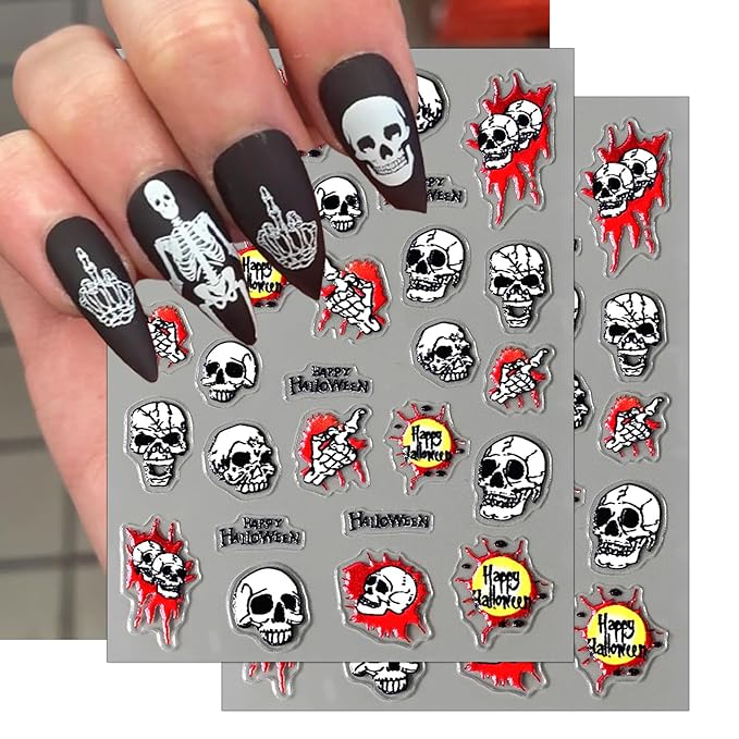 Halloween Bone Nail Stickers, 4 Sheets Embossed Skeleton Finger Self-Adhesive 5D Nail Art Decals for DIY Skull Manicure