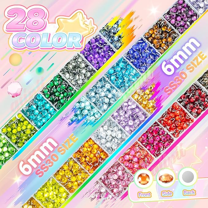 28 Color 6mm Crystal Resin Rhinestones w B7000 Glue for Bedazzling Crafting SS30 Flatback Colorful Stones Crystals Gems Diamonds Bedaazler Kit for Nails Eyes Face Makeup Tumblers Bottles Crafts