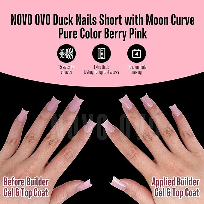 NOVO OVO Short Duck Nail Tips 240Pcs - Solid Berry Pink Soft Gel Flare Duck Feet Nails for Wide Nail Beds, Thick Full Cover False Nail Press Ons, Pre-Shaped Y2K Style Manicure (15 Sizes)