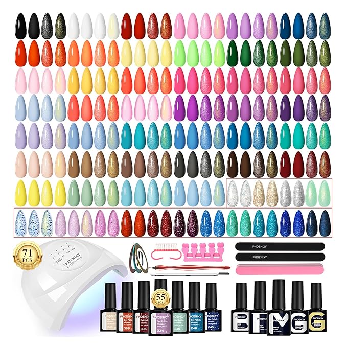 Phoenixy 71 Pcs Gel Nail Polish Kit with U V Light, 55 Colors Gel Nail Kit 5pcs Base Top Coat Pink Blue Glitter Burgundy DIY Manicure Starter Set for Beginners Gift for Women