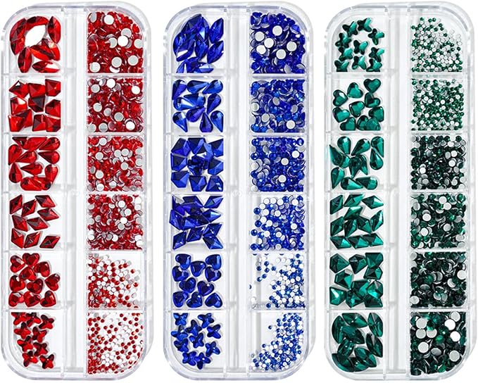 1650 Pcs Crystal Nail Rhinestone Kit Green Red Blue Color with Round Flat Back and Mixed Shapes Rhinestone Nail Art DIY Gem Bead for Girls Women