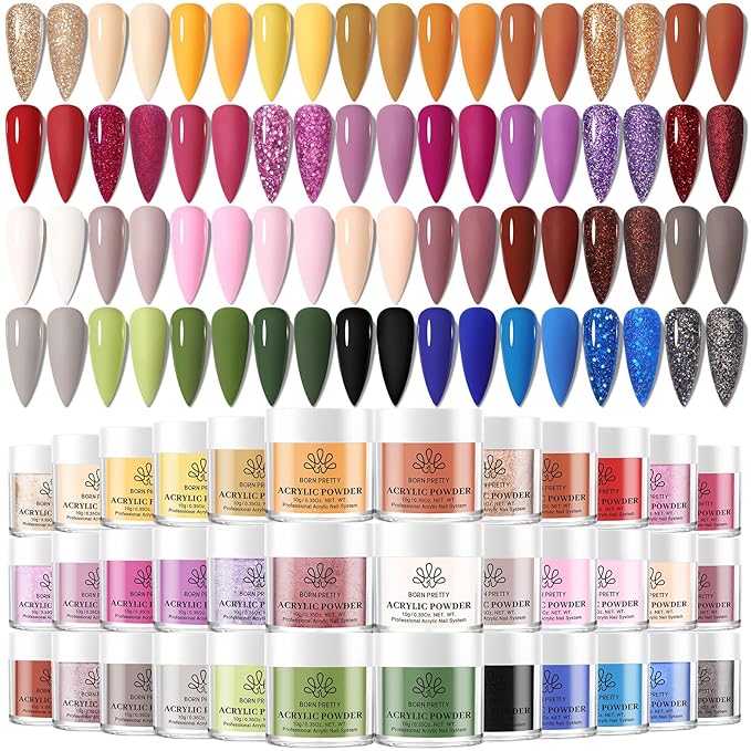 BORN PRETTY Acrylic Powder Set 36 Colors Fall Winter Acrylic Nail Powder Red Green Blue Orange Yellow Professional Polymer 3D Nail Art Kit for French Extension Carving Holidays Gift Set