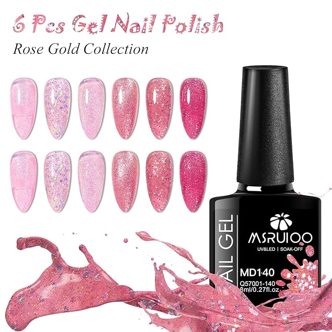 6Pcs Pink Glitter Gel Nail Polish Set Hot Pink Tones Sparkle Gel Polish Bright Pink Nail Polish Gel Suitable for Girls Women Manicure Lovers