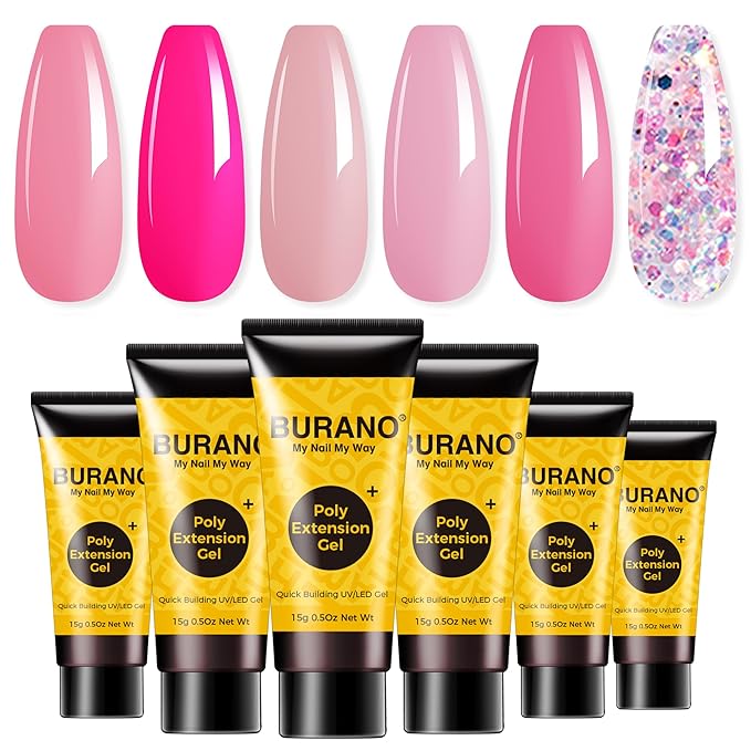 BURANO Poly Extension Gel Nail Kit, 6 Colors Nail Poly Nails Builder Gel Set for Beginner & Professional Using, DIY Starter Kit Nail Art Gift (04 Pink Glitter)