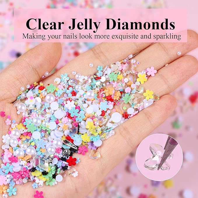 5 Boxes Gold & Silver Metal Nail 3D Punk Studs Star Moon Heart Triangle Square Rivet Gems Nail Art Jewels with a Curved Tweezers and a Nail Brush and a Wax Pen Picker (7-Rhinestones kit-4)