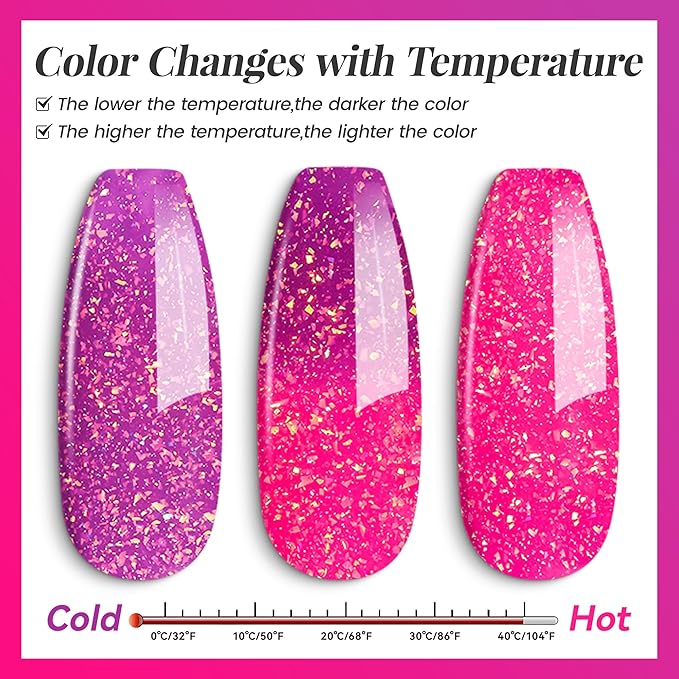 YTD Likomey Brocade Glitter Color Changing Gel Nail Polish,15ml Hot Pink To Violet Shimmer Glitter Mood Temperature Change Colors Iridescent Flakes,Fall Winter Thermal Ombre UV Nail Gel,WB351