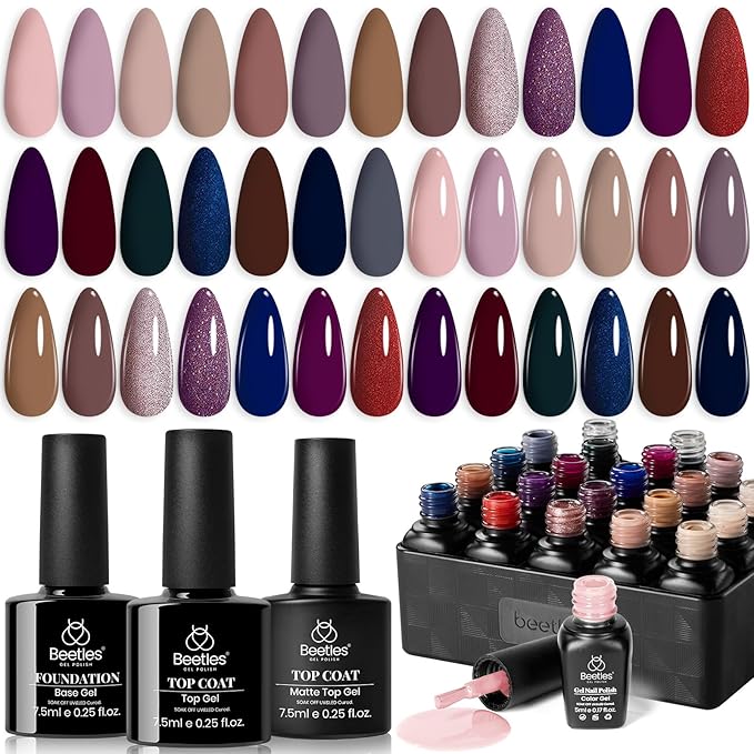 Beetles Gel Nail Polish Set Manhattan Collection 20 Colors Burgundy Red Brown Gold Champagne Glitter Gel Polish Soak Off UV Glossy & Matte Top Base Coat Home Salon Diy Gifts for Women