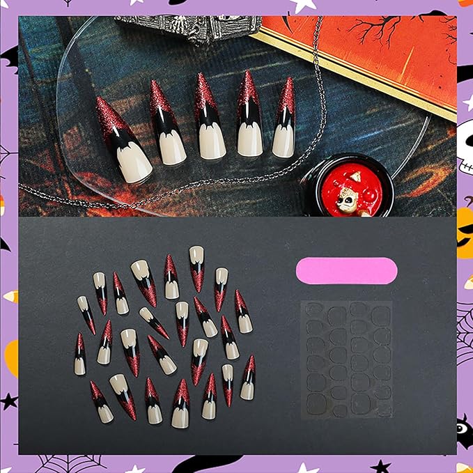 Halloween Press on Nails - Long Stiletto Fake Nails with Bat & Glitter Designs | Cat Eye False Nails,Full Cover Acrylic Nails,Red Nail Tip Stick on Nail for Women Girls Halloween Nail Art - 24Pcs