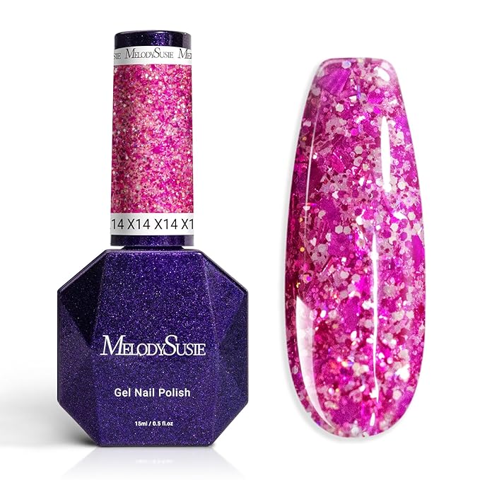 MelodySusie Galaliver Hot Pink Glitter Gel Nail Polish, 15ML Shimmer Pink Sparkle Gel Polish Soak Off UV LED Cured Long Lasting Gift for Women DIY Nail Design Nail Art Manicure X14