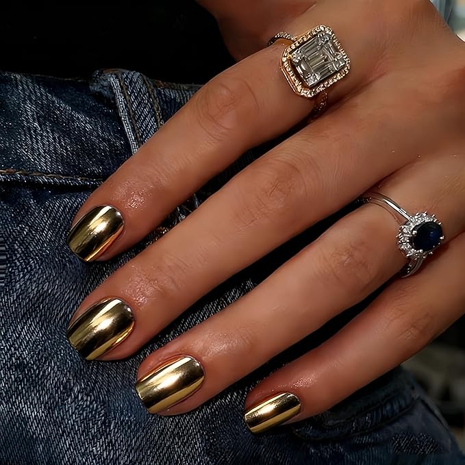 Chrome Press on Nails Short Square, Metallic Bronze Fake Nails with a Sparkle Mirror Finish, Glitter Glue on Nails for Women Birthday Party, Thick Quality Soft Gel Nail Press ons 30 Pcs
