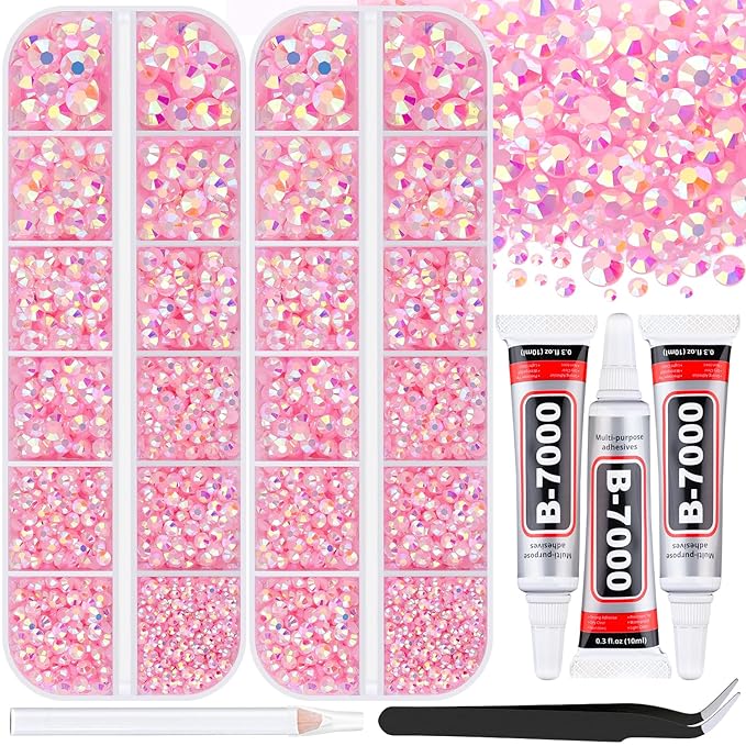 12000Pcs Resin Rhinestones for Bedazzling with 3Pcs B7000 Jewelry Glue, 2 Boxes Light Pink AB Flatback Rhinestones for Crafting Crafts DIY, Crystals Gems for Clothing Shoes Tumblers Nail Art Makeup