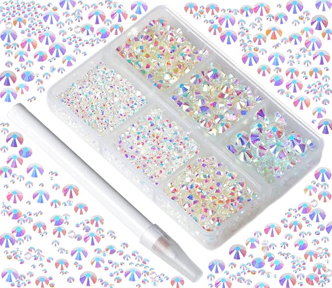 Bymitel 5000 Pieces 6 Mixed Sizes Glue Fix on Glass Rhinestones Round Crystal Gems Flatback for DIY Jewelry Making with one Picking Pen(6-Sizes 5000PCS, Starry Meteor)
