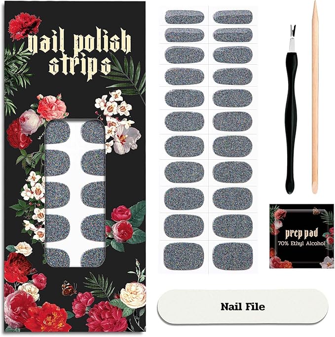 Nail Polish Strips (No UV Lamp Needed) - 22 Pcs Salon Quality Gel Nail Stickers - Long Lasting Wraps (Mystery Black Glitter)
