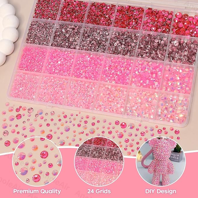 26000 PCS Pink Resin Flatback Rhinestones for Crafting, Resin Rhinestones for Bedazzling Kit, 2/3/4/5/6mm Flatback Gems Jewels for DIY Mugs Tumblers Clothing Shoes Nail Art