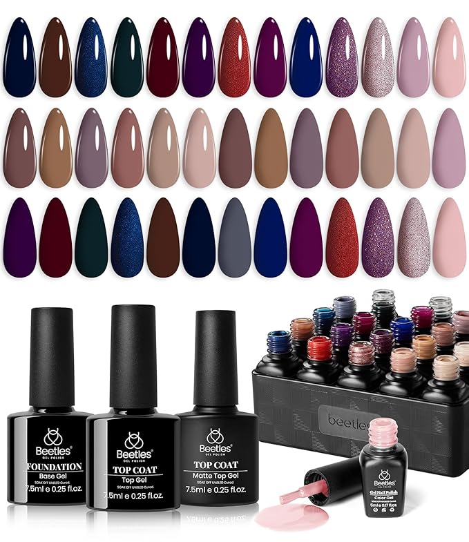 Beetles Gel Nail Polish Set Manhattan Collection 20 Colors Burgundy Red Brown Gold Champagne Glitter Gel Polish Soak Off UV Glossy & Matte Top Base Coat Home Salon Diy Gifts for Women