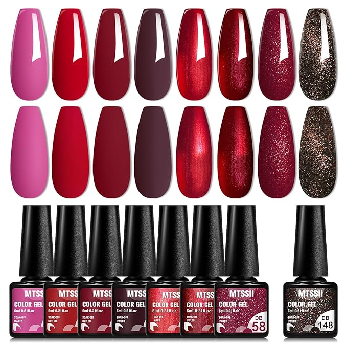 MTSSII Red Gel Nail Polish Set - 8 Colors Bloody Mary Collection Popular Shimmer Red Burgundy Gel Polish Kit Nail Art Design DIY Salon Home Gifts