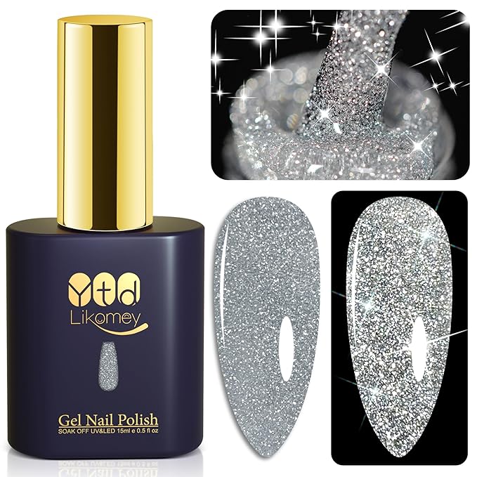 YTD Likomey Reflective Glitter Gel Nail Polish,15ml Silver Flash Diamond Shimmer Nails Gel,Sparkly Shiny Salon Home Fall Winter Manicure UV Color Varnish,SZ003