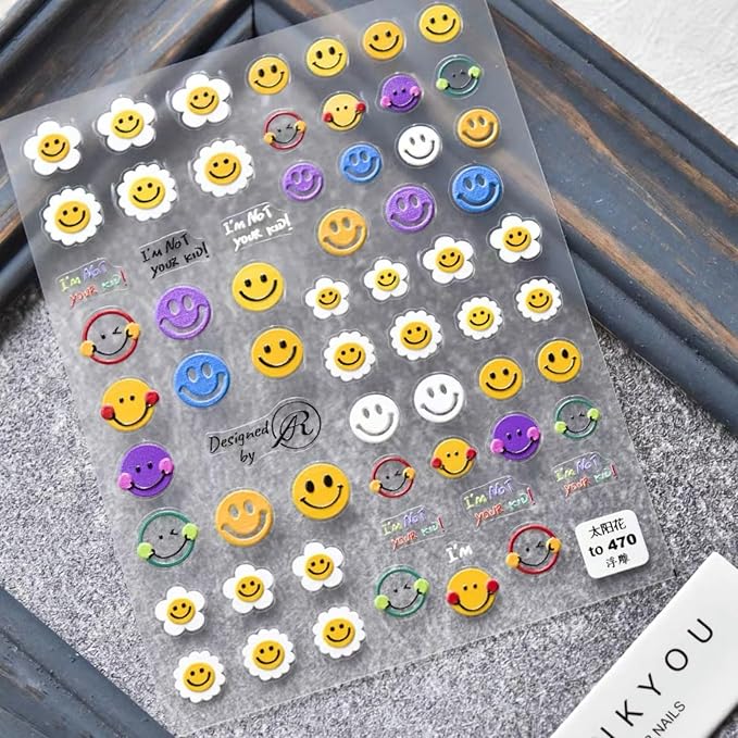 Dedyel Smile Nail Art Stickers Cute Nail Stickers Cartoon Nail Stickers 5D Embossed Smile Face Nail Stickers Kawaii Self-Adhesive Nail Stickers for Women Girls Kids Nail Art Decoration