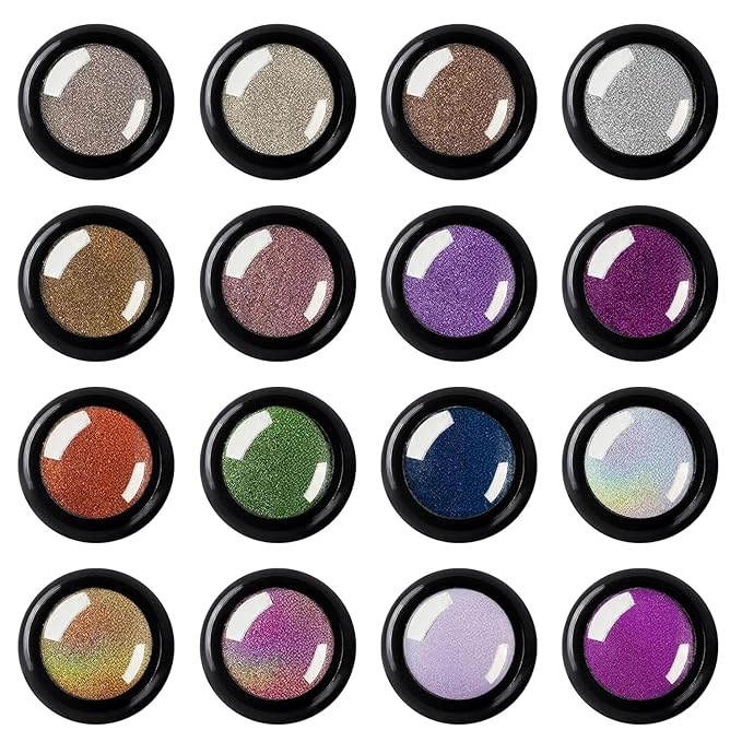 Chrome Nail Powder Kit 16 Jars – Chrome Powder for Gel Nails, 16 Stunning Colors, Including Mirror, Holographic & Chameleon Effects | Works with Charms, Rhinestones and Nail Art Striping Tape Lines