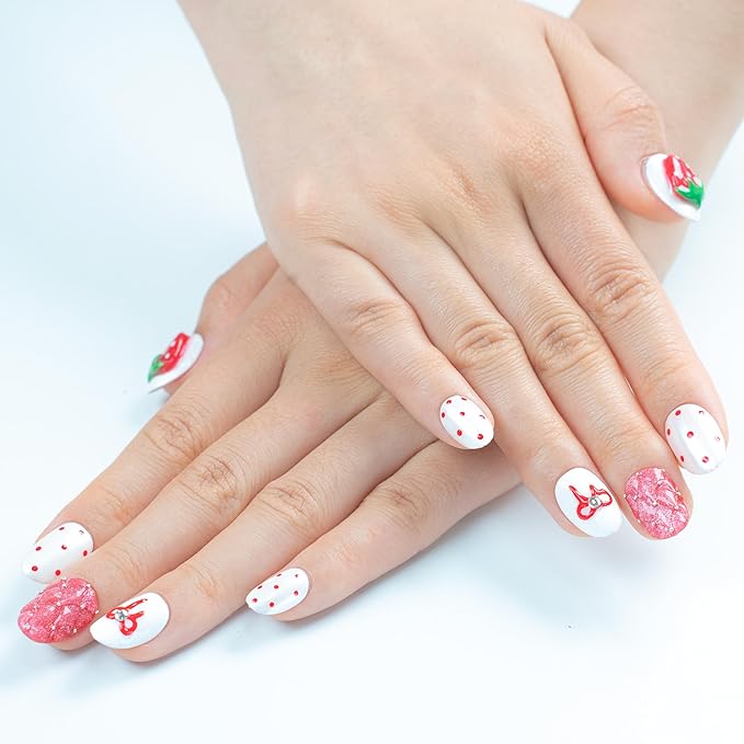 Sun&Beam Nails Handmade Press-on Short Squoval Round Pink Red White Green Flower Strawberry Dot Design Fashion False Nail Tips 10 Pcs Set (#174 S)