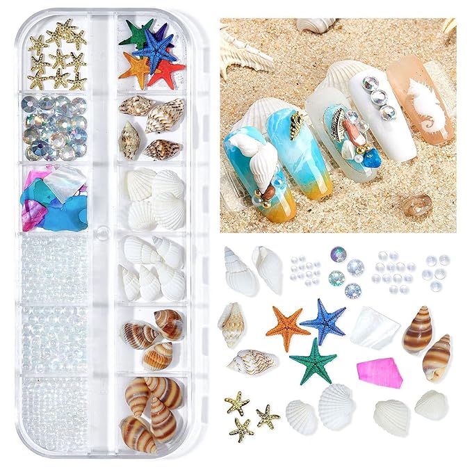 2 Boxes Summer Beach Nail Studs & Rivets - Ocean Theme Shell Starfish Conch Charms - Sea Series DIY Nail Art Decoration (3-4)