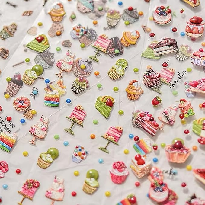 Dedyel Food Nail Art Stickers 3D Cake Dessert Donut Ice Cream Cookies Fruit Bread Self-Adhesive Nail Stickers for Women Girls Kids