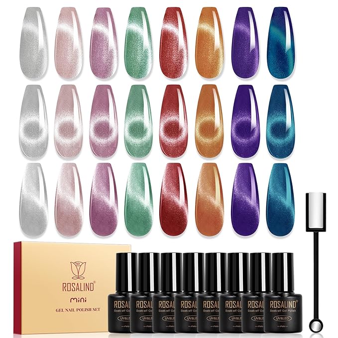 ROSALIND 8PCS Cateye Gel Polish with Magnet Stick - Magnetic Cat Eye Gel Nail Polish Sparkle Diamond Effect Magic Magnetic Glitter Soak Off Led Nail Art DIY Salon Gifts For Women
