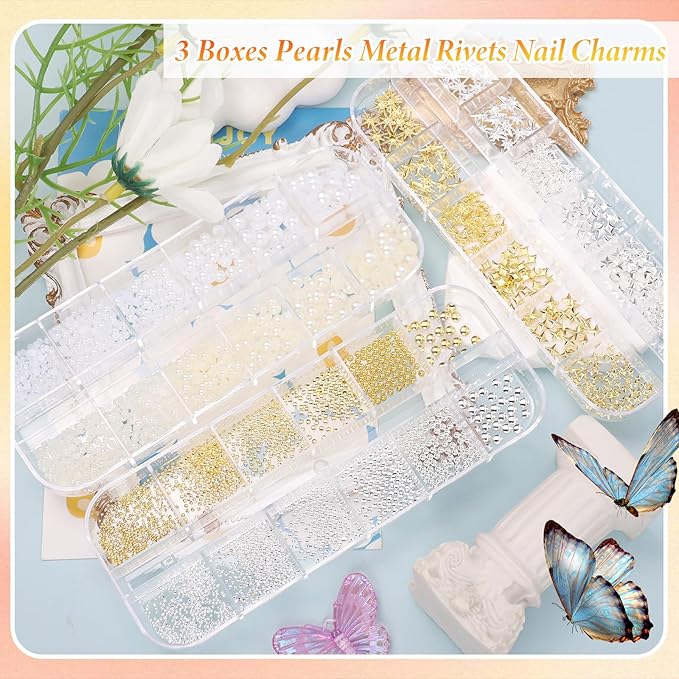 Silver Gold Nail Beads for Nail Art, Metal Caviar Nail Beads, Nail Pearls for Nail Art, Silver Gold Cross Star Nail Studs Rivet Charms for Nails Design DIY Craft Accessories