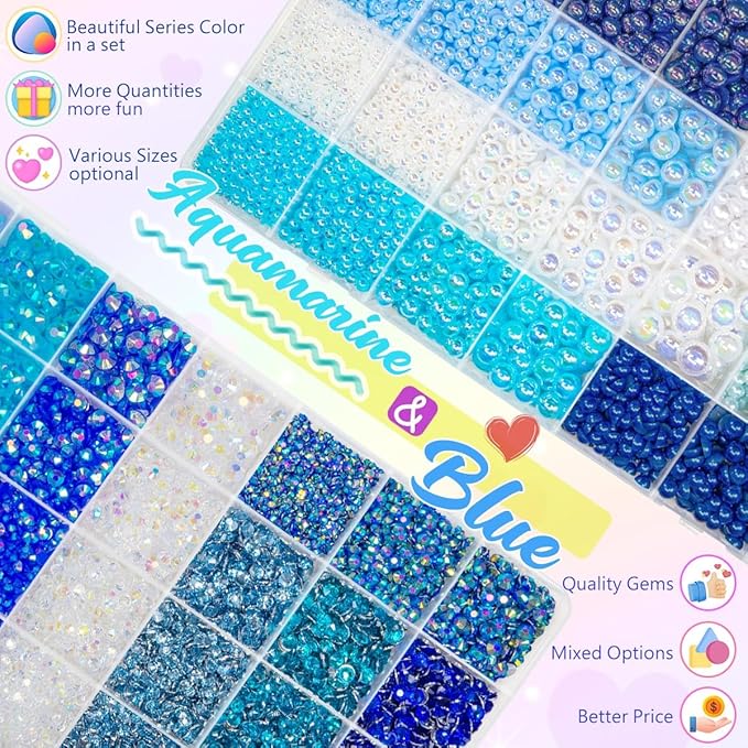 qiiipi 2 Big Boxes Blue Resin Pearls and Rhinestones Flatback Stones Gems Diamonds Half Pearls Bedazzler Kit for Nails Eyes Face Makeup Tumblers Bottles DIY Crafts﻿ Bedazzling Crafting Shoes Phones